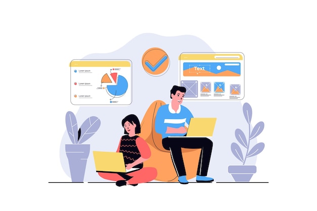Concetto web di lavoro freelance con progettazione di persone dei cartoni animati Donna che fa analisi dei dati sul portatile e uomo che progetta una pagina web mentre si siede in poltrona Illustrazione vettoriale piatta isolata su sfondo bianco