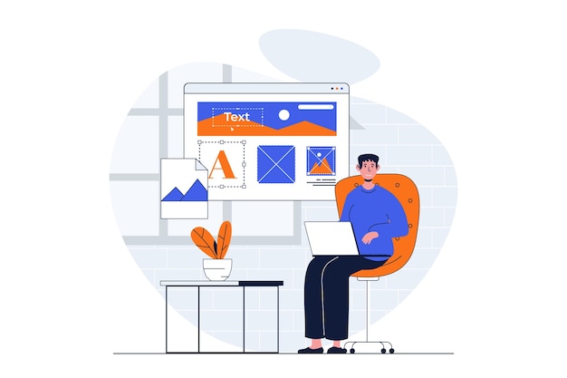 Concetto web di sviluppo di app con scena del personaggio Uomo che programma e crea il layout dell'interfaccia sullo schermo Situazione delle persone in design piatto Illustrazione vettoriale per materiale di marketing sui social media