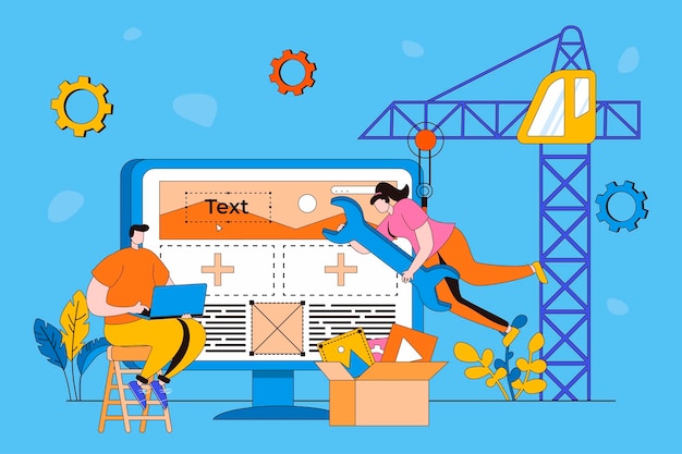 Concetto web di sviluppo Web in design 2d piatto L'uomo e la donna creano wireframe di blocchi di posti del sito