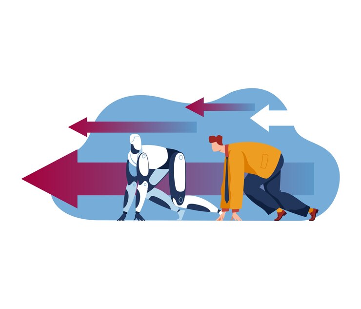 Vettore concorrenza con il concetto di tecnologia di automazione, illustrazione. macchina di intelligenza artificiale umana e futura di affari, persona cyborg robotica futuristica. gara metafora del personale di lavoro, umanità vs ai.