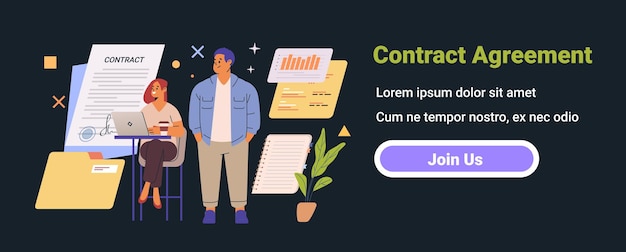 Concorso di contratto concetto di business con due persone e vari documenti grafici e un portatile su