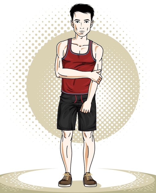 Condizione atletica bella del giovane del brunet. Illustrazione vettoriale di sportivo. Clipart tema stile di vita attivo e sano.