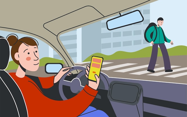 Conducente distratto Interno dell'auto con donna che guida l'auto e utilizza smartphone pericoloso dipendenza dal telefono cellulare concetto scena interno dell'auto Illustrazione vettoriale