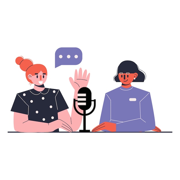 Conduttore radiofonico e ospite. Concetto di traduzione di interviste online dal vivo. Hosting multimediale. Illustrazione piatta.