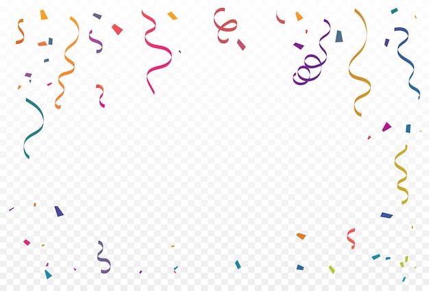 Confetti colorati e nastro che cadono su uno sfondo trasparente Banner di festa di celebrazione