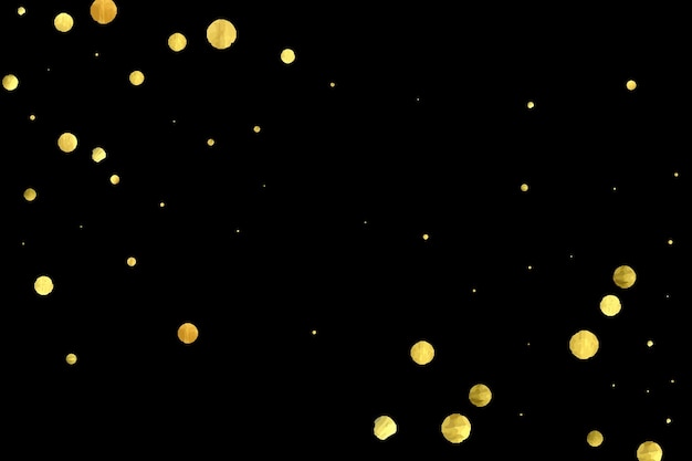 Confetti dorati isolati su uno sfondo nero. Gradiente di dispersione con confetti dorati su sfondo scuro. Glamour che cade luccicante. Wallpaper per il nuovo anno. Modello di brochure vettoriale di lusso. Progettazione della consistenza della copertina.