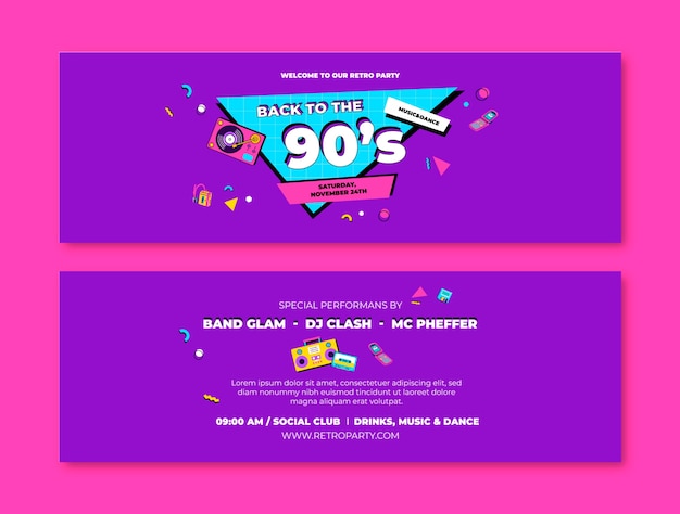 Confezione di banner orizzontali colorati piatti anni '90