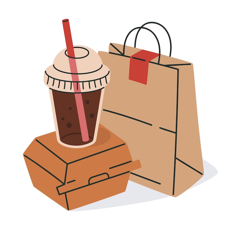 Vettore confezione di carta monouso borsa per la consegna di alimenti scatola di contenitori per fast food in cartone da asporto e illustrazione vettoriale piatta di una tazza di plastica