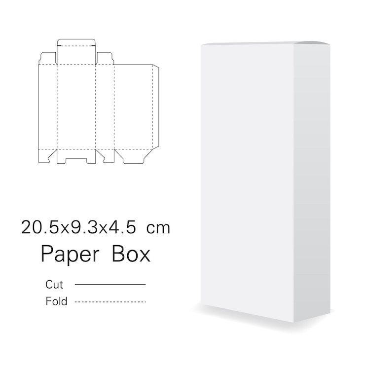 Vettore confezione di carta sulla parte superiore con mockup 3d e dimensioni