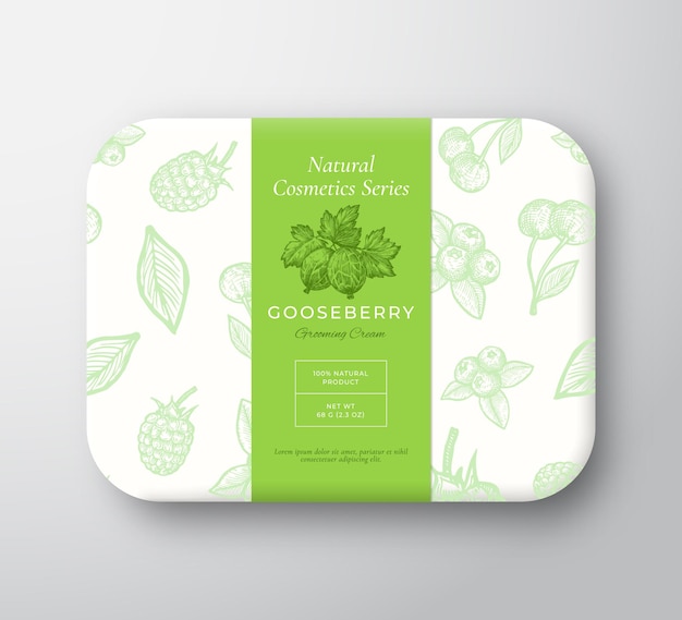Confezione di cosmetici da bagno all'uva spina. Contenitore di carta avvolto vettore astratto con coperchio dell'etichetta. Design della confezione. Tipografia moderna e disposizione del modello di sfondo delle bacche disegnate a mano. Isolato.