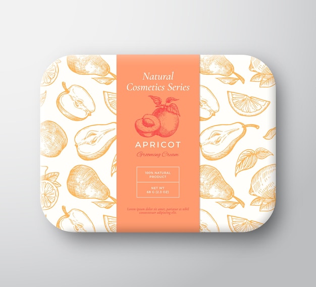 Confezione di cosmetici da bagno alle albicocche. Contenitore di carta avvolto vettore astratto con coperchio dell'etichetta. Design della confezione. Tipografia moderna e layout del modello di sfondo di frutta disegnata a mano. Isolato.