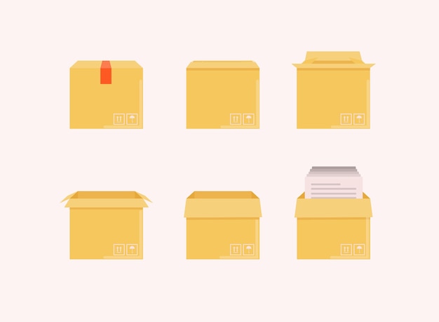 Confezione per consegna in cartone scatola aperta e chiusa con segni fragili Set di mockup di scatole di cartone