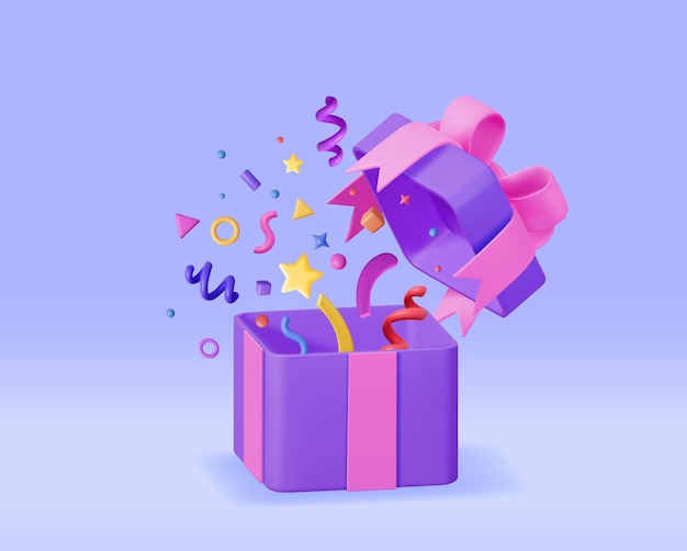 Confezione regalo aperta 3D con coriandoli che cadono