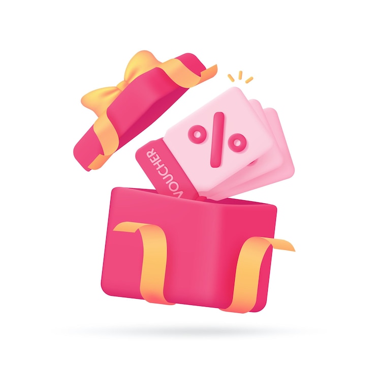 Vettore confezione regalo aperta a sorpresa illustrazione 3d del buono sconto sul prezzo del prodotto
