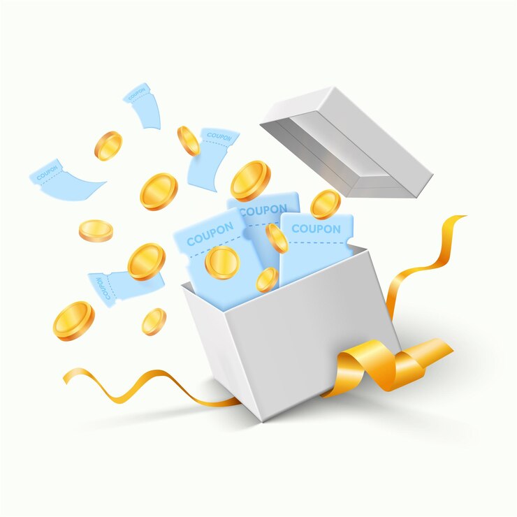Confezione regalo, coupon, monete d'oro che escono. Si apre la confezione regalo. Molti buoni, buoni stanno volando