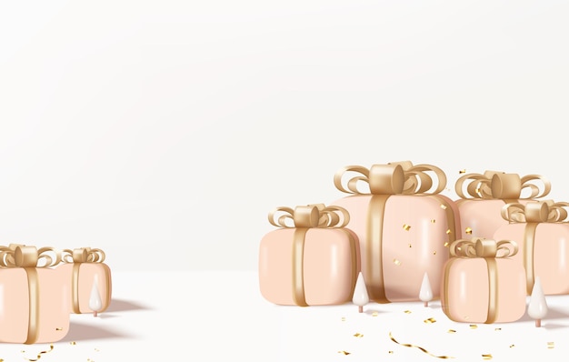 Confezione regalo di sfondo 3d con prodotto di visualizzazione fiocco rosa per Natale. Visualizzazione del prodotto sfondo vettoriale rendering 3d con studio minimo sul podio. stand per cosmetici su confezione regalo bianca nel nuovo anno 2022