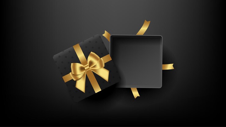 Confezione regalo quadrata aperta nera decorata con fiocco oro