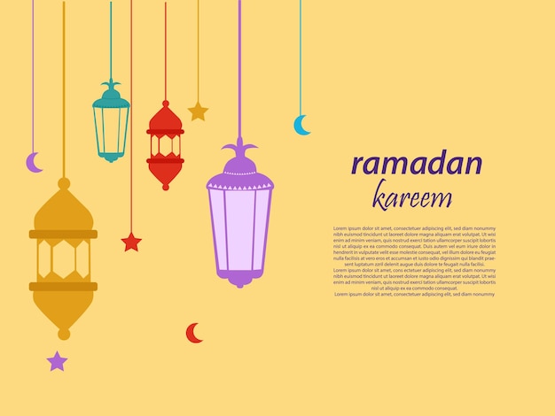 Confine di Ramadan Kareem, sfondo in stile arte islamica. Simboli del Ramadan Mubarak, lanterne d'oro sospese,