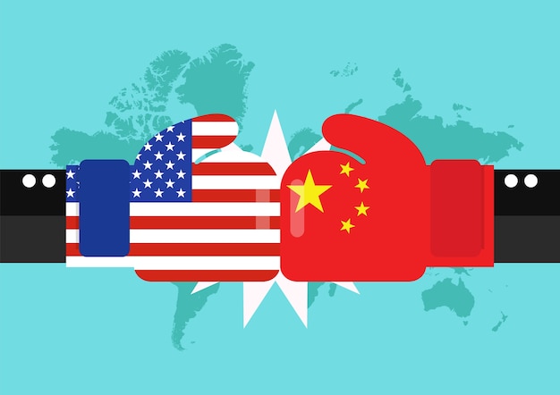 Conflitto tra USA e Cina con sfondo di mappa del mondo
