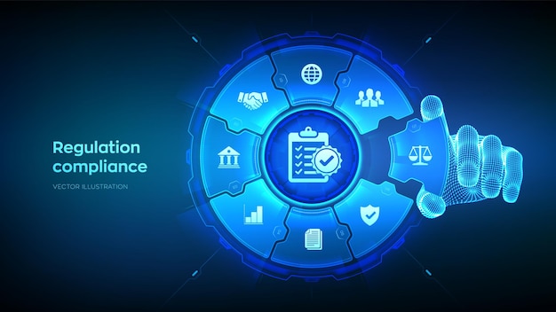 Conformità normativa concetto di tecnologia di controllo finanziario Regole di conformità Politica di regolamentazione della legge La mano wireframe inserisce un elemento in una composizione visualizzando l'illustrazione Reg Tech Vector
