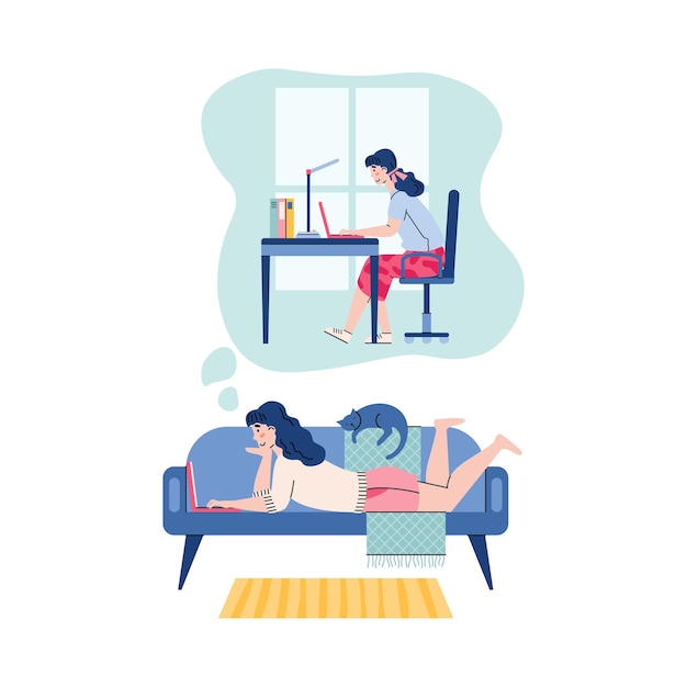 Confronto tra lavoro freelance e concetto di occupazione in ufficio con donna che lavora alla scrivania e sul divano a casa fumetto illustrazione vettoriale isolato su sfondo bianco