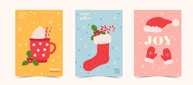 Congratulazioni per le stagioni festive e per il nuovo anno, scheme di schede vettoriali con elementi di decorazione natalizia