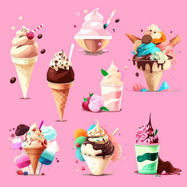 Coni gelato piatto vettoriale, stile cartone animato pianeta gelato, illustrazione dolce dessert