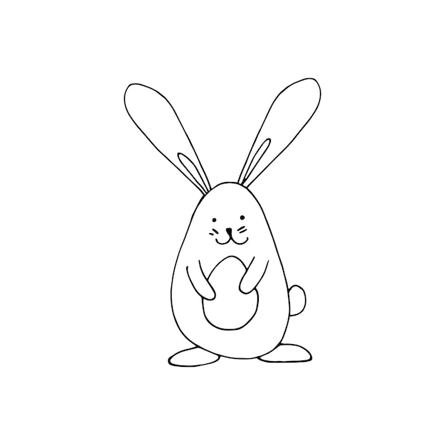 Coniglietto adorabile super carino con uova per il design di pasqua Illustrazione disegnata a mano divertente in stile doodle per la decorazione della stampa di banner poster sala giochi per bambini o biglietto di auguri