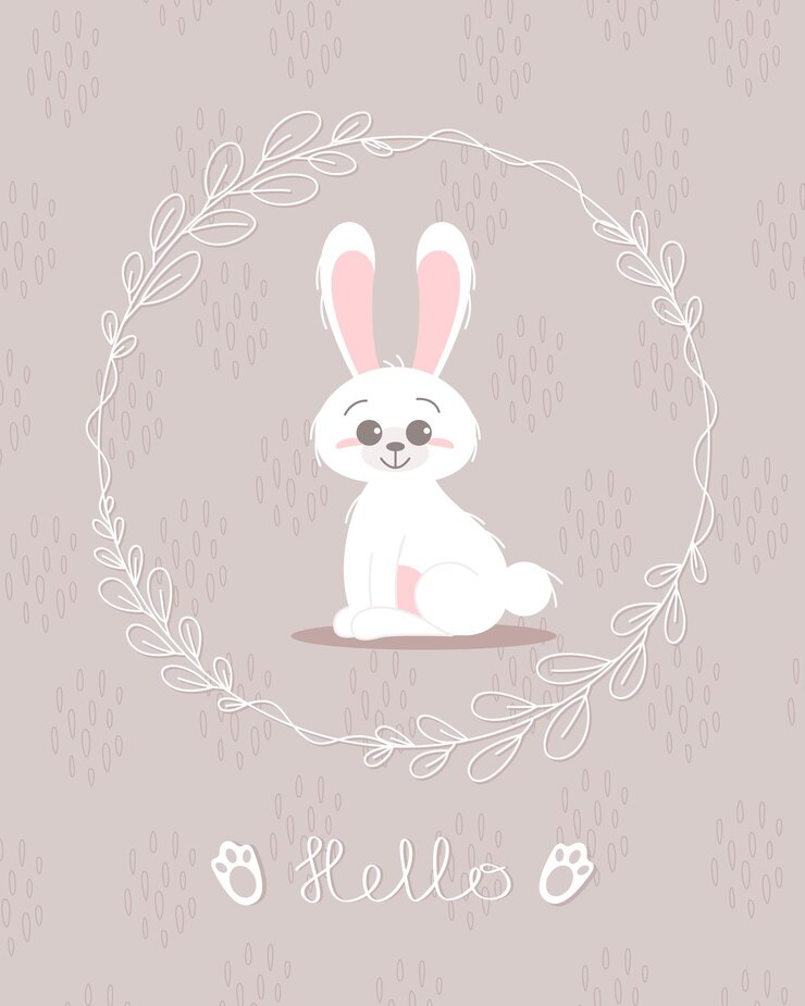 Vettore coniglietto carino concetto bambino e bambini buona pasqua conigli diverse pose personaggi dei cartoni animati carta con coniglietto carino coniglietto con foglie floreali design per bambini poster carta inviton vector