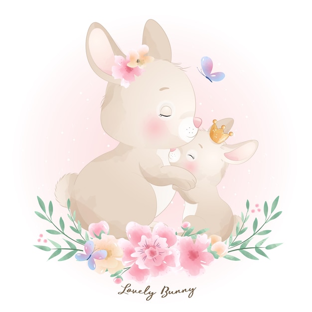 Coniglietto carino doodle con illustrazione floreale