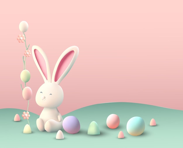 Coniglietto di Pasqua 3d concetto vettoriale uova di coniglio carino sfondo pastello vacanze di primavera felice rendering