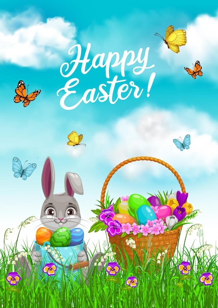 Coniglietto di Pasqua con cesto di caccia alle uova nel design di erba