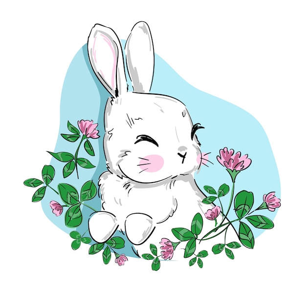 Coniglietto sveglio disegnato a mano e illustrazione infantile dei fiori
