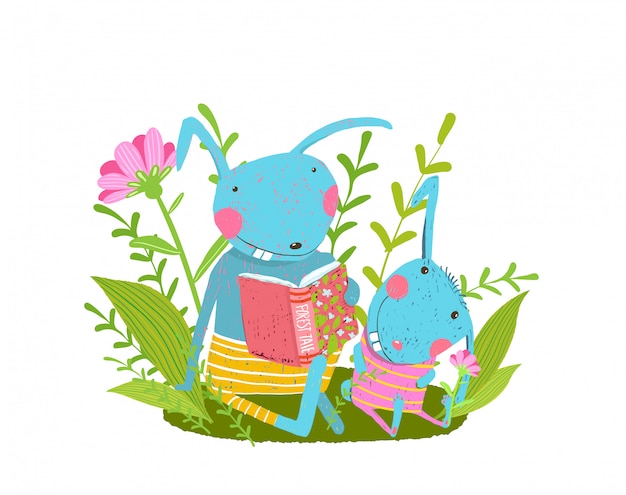 Coniglio carino famiglia leggendo un libro nella foresta, genitore e bambino coniglio.