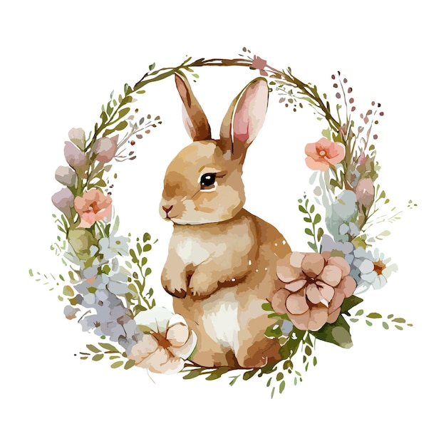 Coniglio di Pasqua con fiori primaverili e foglie corona acquerello Simpatico coniglietto vintage isolato su sfondo bianco Illustrazione vettoriale