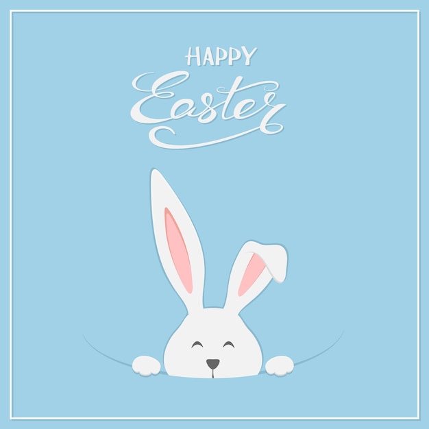 Coniglio di Pasqua con scritte Buona Pasqua su sfondo blu, illustrazione.