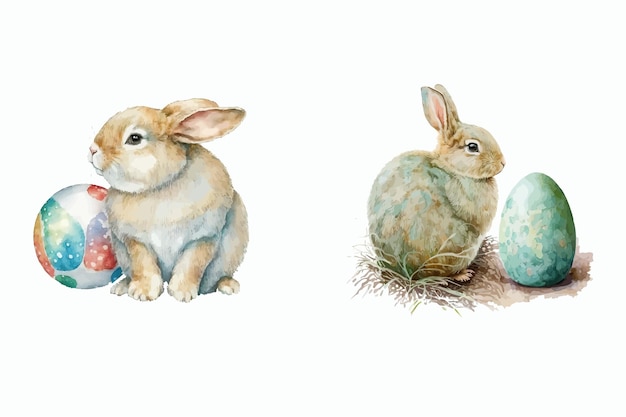 Coniglio di Pasqua e uovo di Pasqua in giardino Illustrazione disegnata a mano isolata su sfondo bianco in stile boho