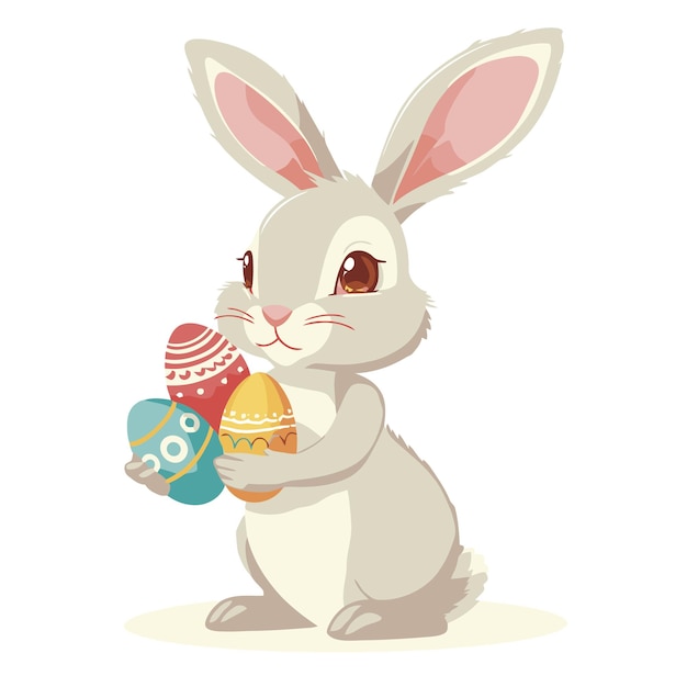 Coniglio vector carino che tiene le uova di Pasqua