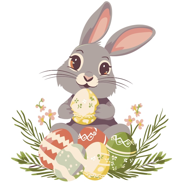 Coniglio vector carino che tiene le uova di Pasqua