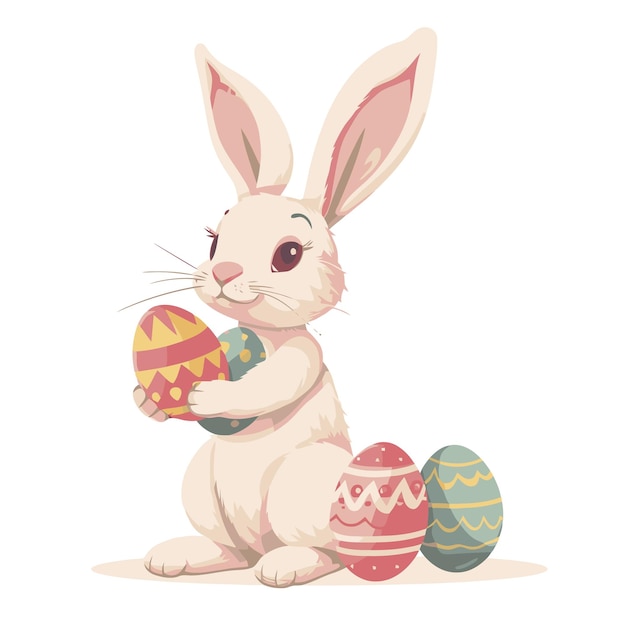 Coniglio vector carino che tiene le uova di Pasqua