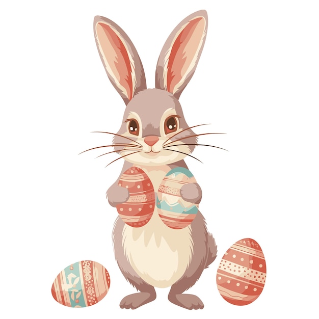 Coniglio vector carino che tiene le uova di Pasqua