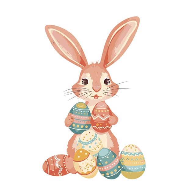 Coniglio vector carino che tiene le uova di Pasqua