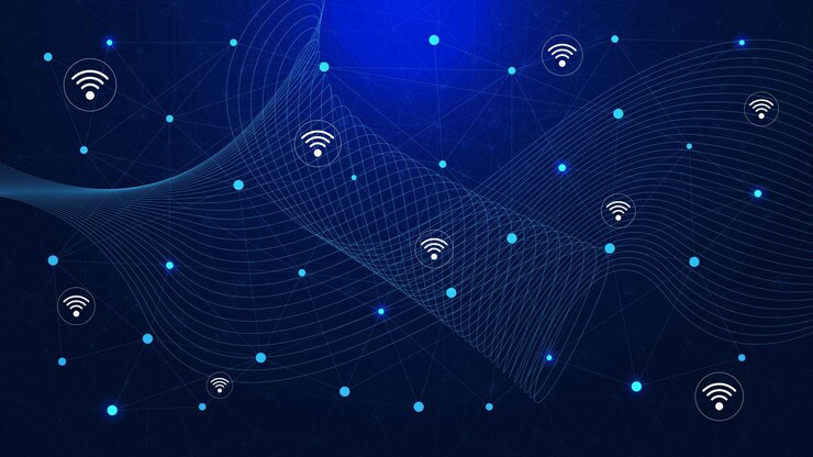 Vettore connessione di punti e linee con flusso d'onda e icona wifi per lo sfondo della tecnologia di comunicazione digitale