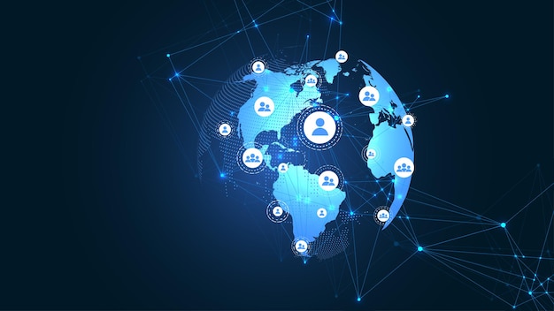 Connessione di rete globale aziendale. Punto della mappa del mondo e concetto di composizione della linea del business globale. Tecnologia Internet globale. Visualizzazione di grandi dati. Illustrazione vettoriale.