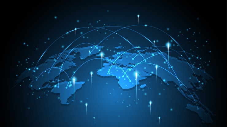 Vettore connessione di rete globale mappa del mondo astratto sfondo tecnologico concetto di innovazione aziendale globale