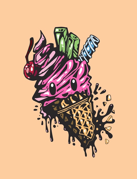 Cono gelato nell'illustrazione grafica della pittura digitale di stile dei graffiti