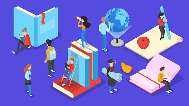 Conoscenza e concetto di educazione. Persone che imparano online all'università. Scienza e brainstorming. Illustrazione isometrica di vettore isolato