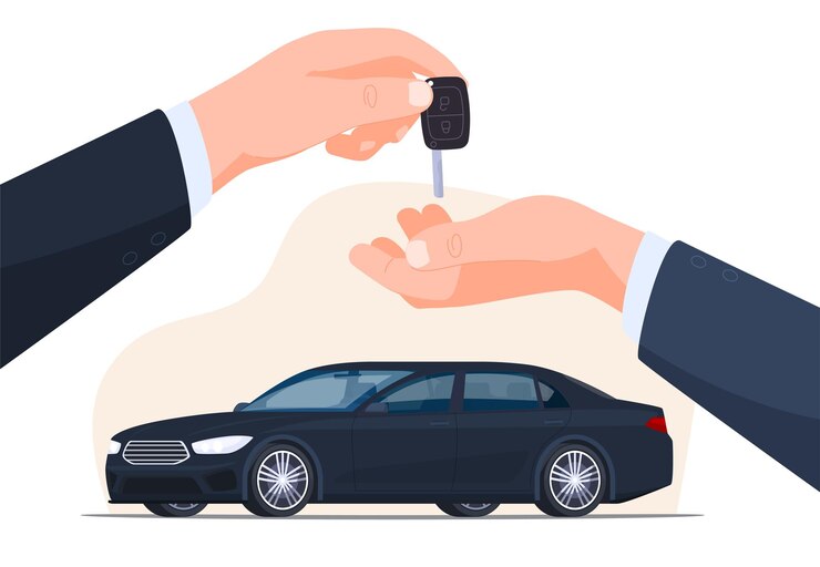 Vettore consegna delle chiavi di un'auto di classe business vendita di auto affitto valutazione e confronto di auto