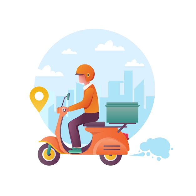 Consegna rapida della merce tramite scooter. Il concetto di e-commerce
