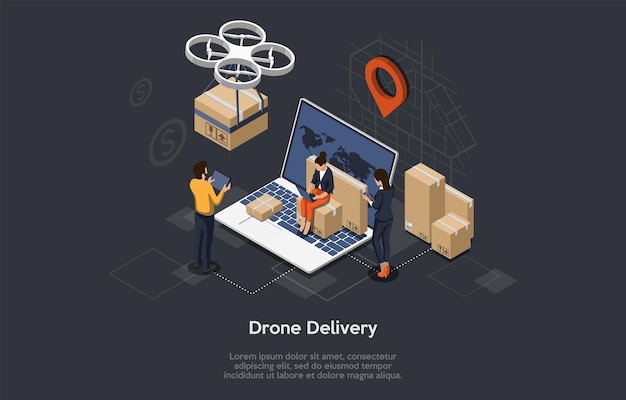 Consegna rapida isometrica di merci con mappa della città. Concetto di innovazione tecnologica della spedizione. I lavoratori controllano la consegna. Logistica autonoma. Stile piatto
